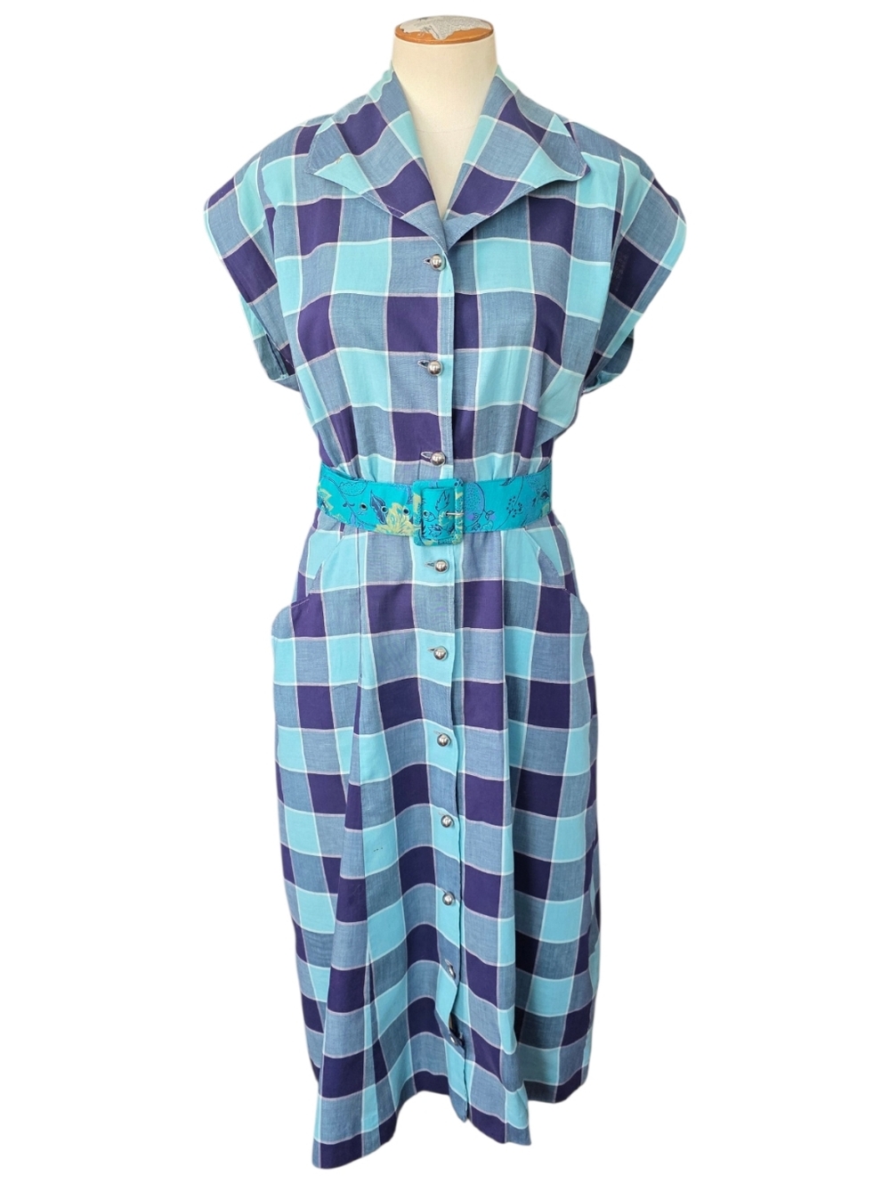 Vintage 1940s Handmade Plaid Day Dress Blue Shirtwaist Dress Retro Summer Dress